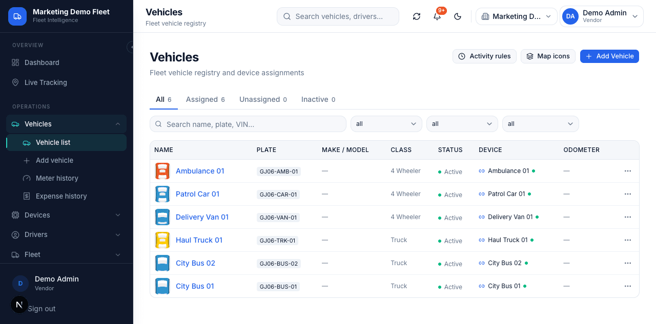 BhugoliX Vehicle & Device Management screen